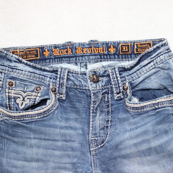 Rock Revival Remedy J Straight Leg Jeans Size 31 Distressed Light Wash - Picture 3 of 11